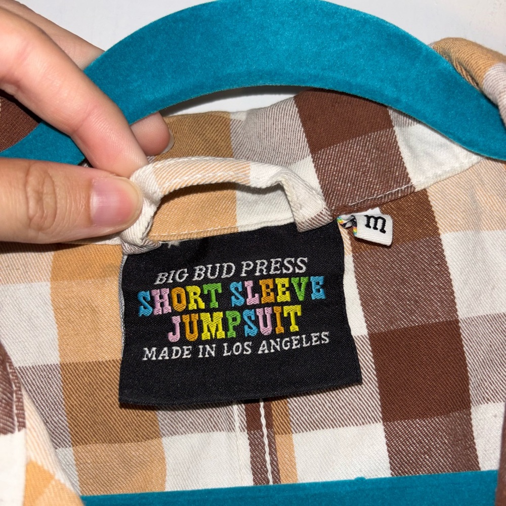 Big Bud Press Gingham Short Sleeve Jumper Brown Tan White Size Medium USA - Picture 10 of 10